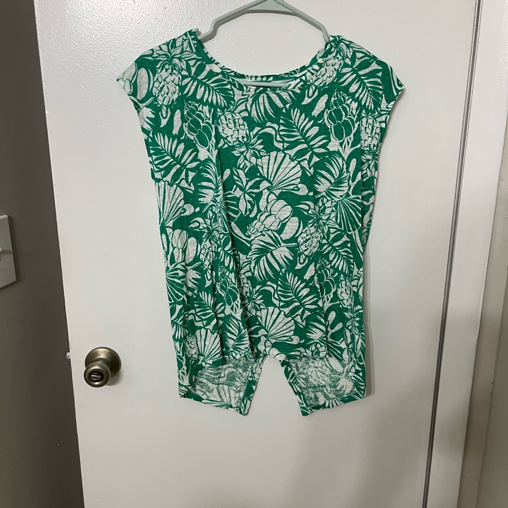 Nicole Miller Green Botanical Print Short Sleeve Top
